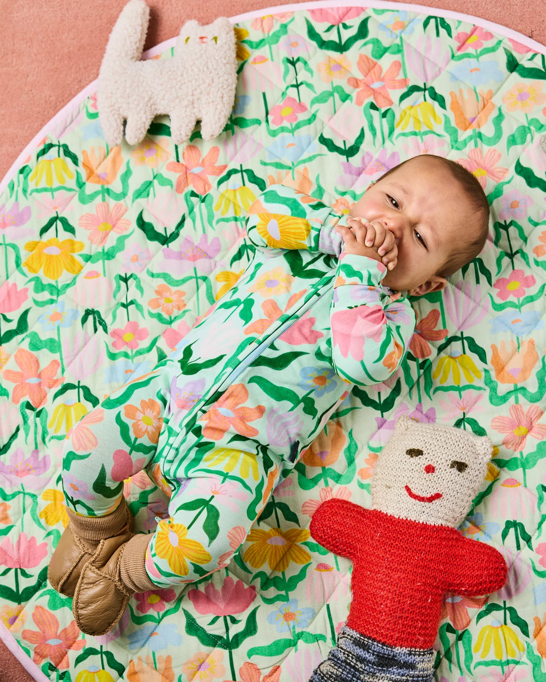 Kip & Co Popping Flowers Green Organic Long Sleeve Zip Romper
