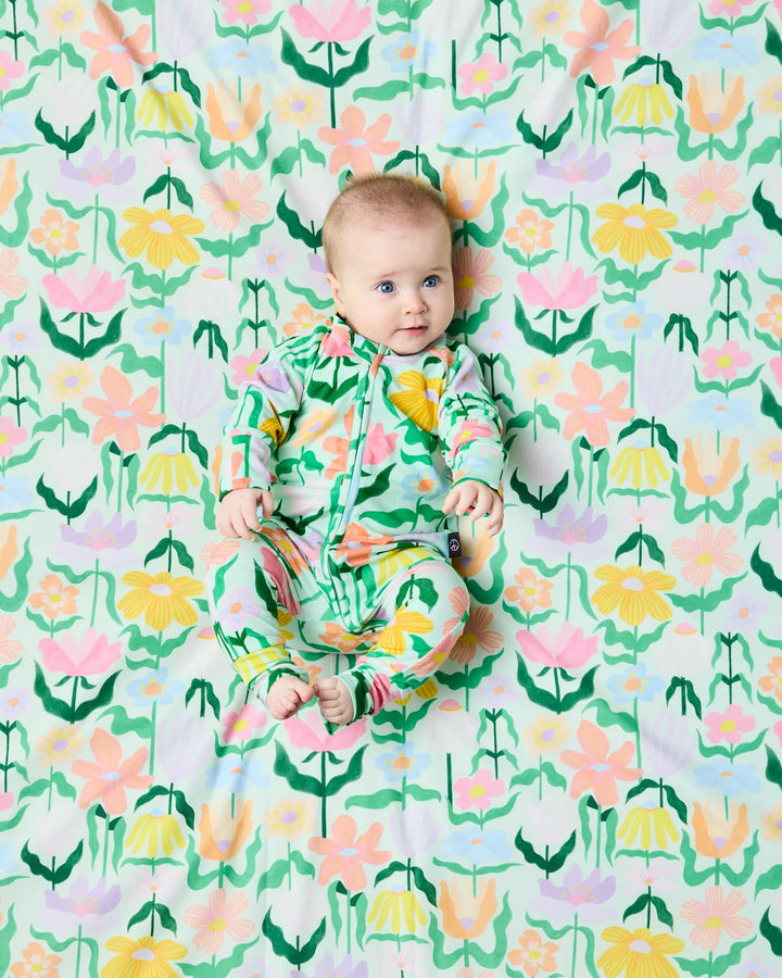 Kip & Co Popping Flowers Green Organic Long Sleeve Zip Romper