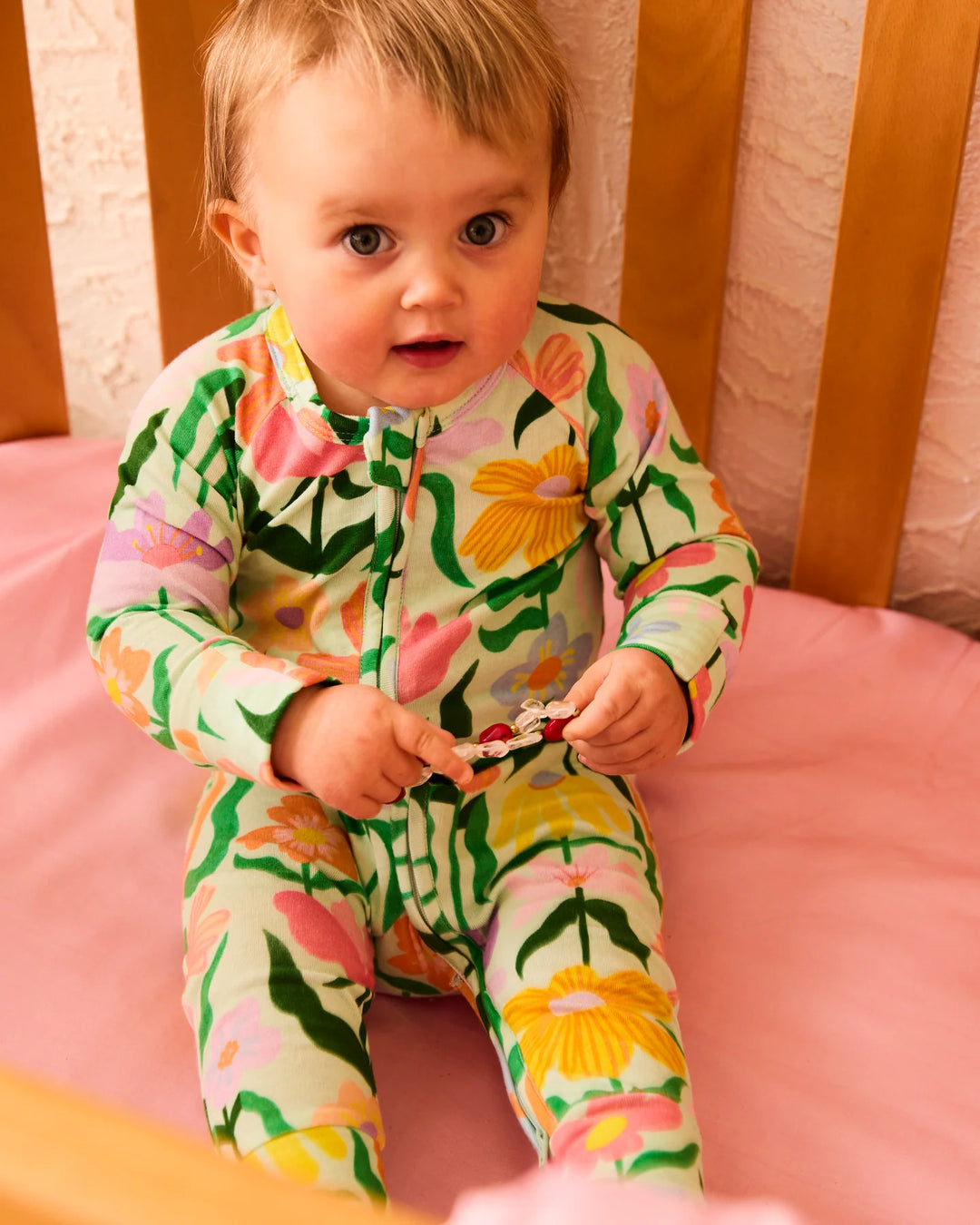 Kip & Co Popping Flowers Green Organic Long Sleeve Zip Romper