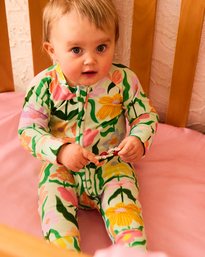 Kip & Co Popping Flowers Green Organic Long Sleeve Zip Romper