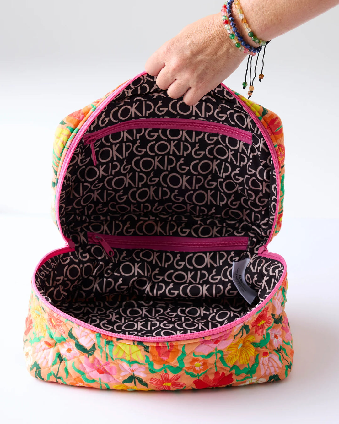 Kip & Co Popping Flowers Peach Quilted Cotton Toiletry Case