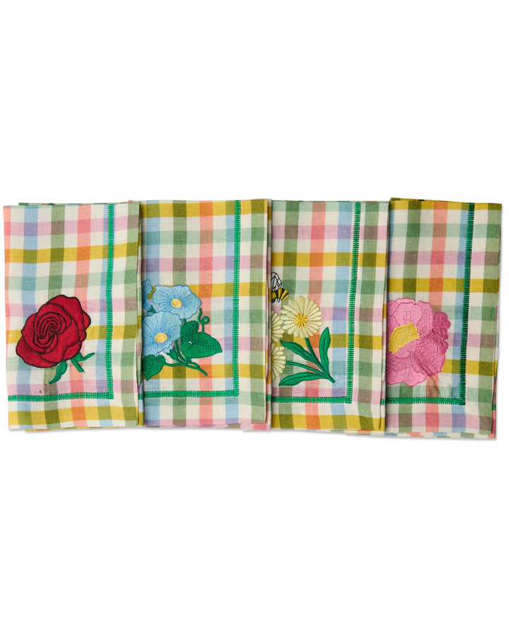 Kip & Co Sweet Flowers Tartan Embroidered 4P Napkin Set