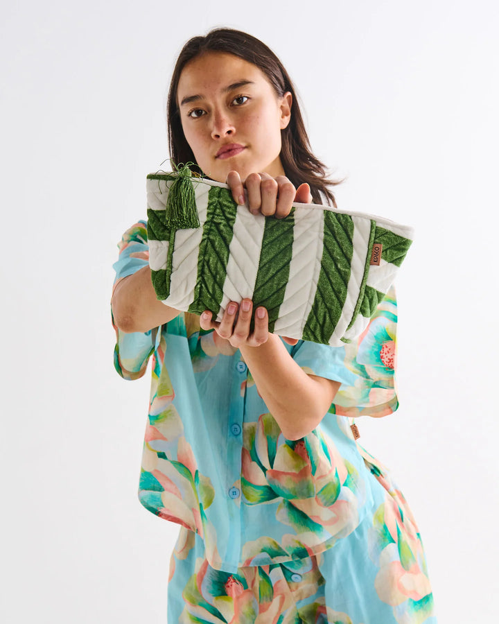 Kip & Co Moss Stripe Velvet Toiletry Bag