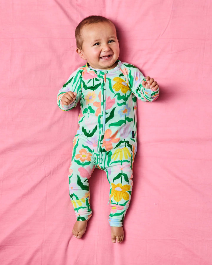 Kip & Co Popping Flowers Green Organic Long Sleeve Zip Romper