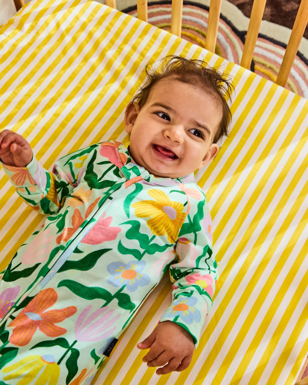 Kip & Co Popping Flowers Green Organic Long Sleeve Zip Romper