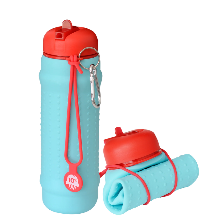 Rolla Bottle - Aquamarine, Red Lid + Ruby Strap