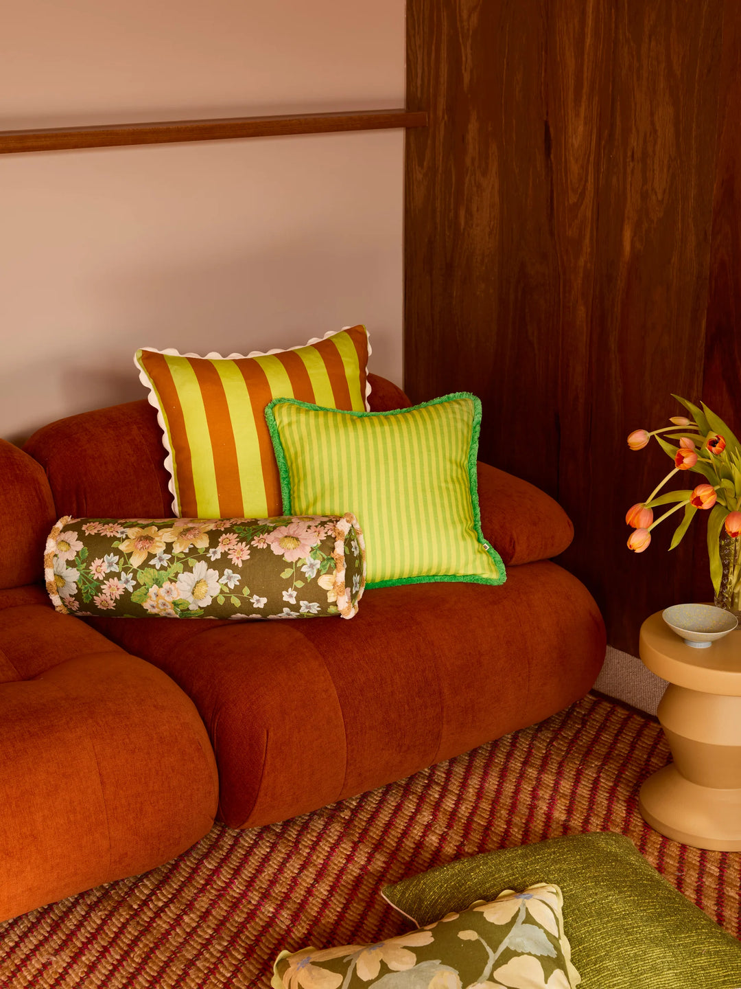 Bonnie & Neil Pinstripe Lime Linen Cushion 50cm