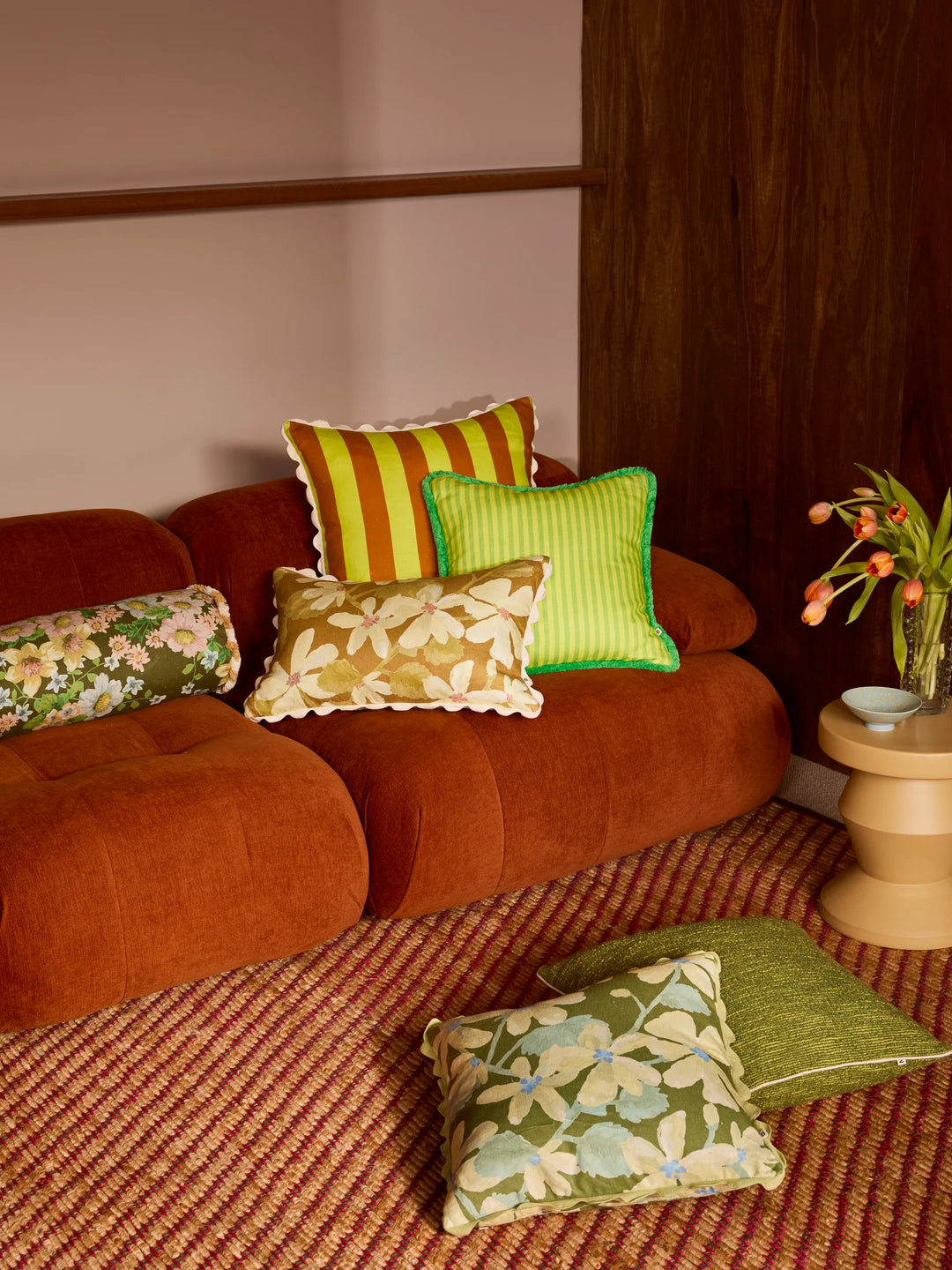 Bonnie & Neil Pinstripe Lime Linen Cushion 50cm