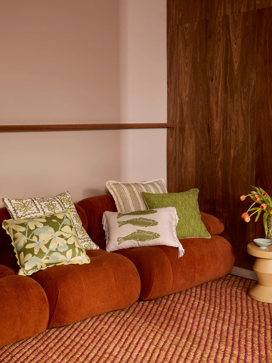Bonnie & Neil Mini Wave Olive Linen Cushion 60cm