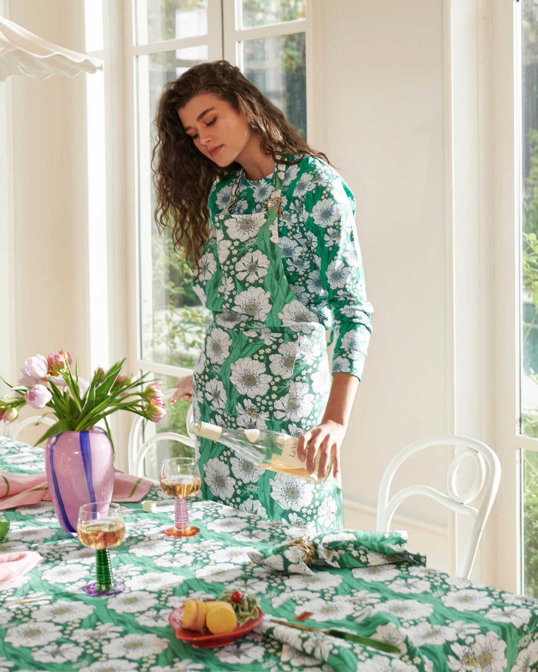 Kip & Co Tumbling Flowers Green Linen Tablecloth