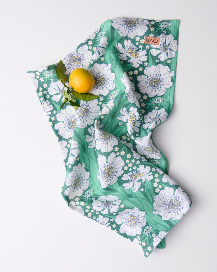 Kip & Co Tumbling Flowers Green Linen Tea Towel
