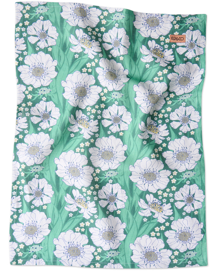 Kip & Co Tumbling Flowers Green Linen Tea Towel