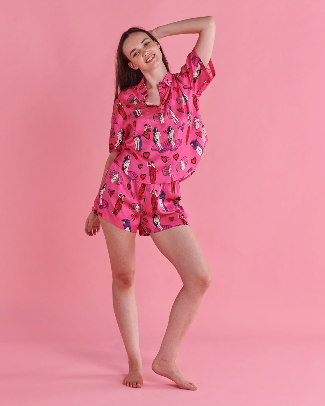 Kip & Co x Jenny Kee Pretty In Pink Satin Short Sleeve Shirt & Short Pyjama Set