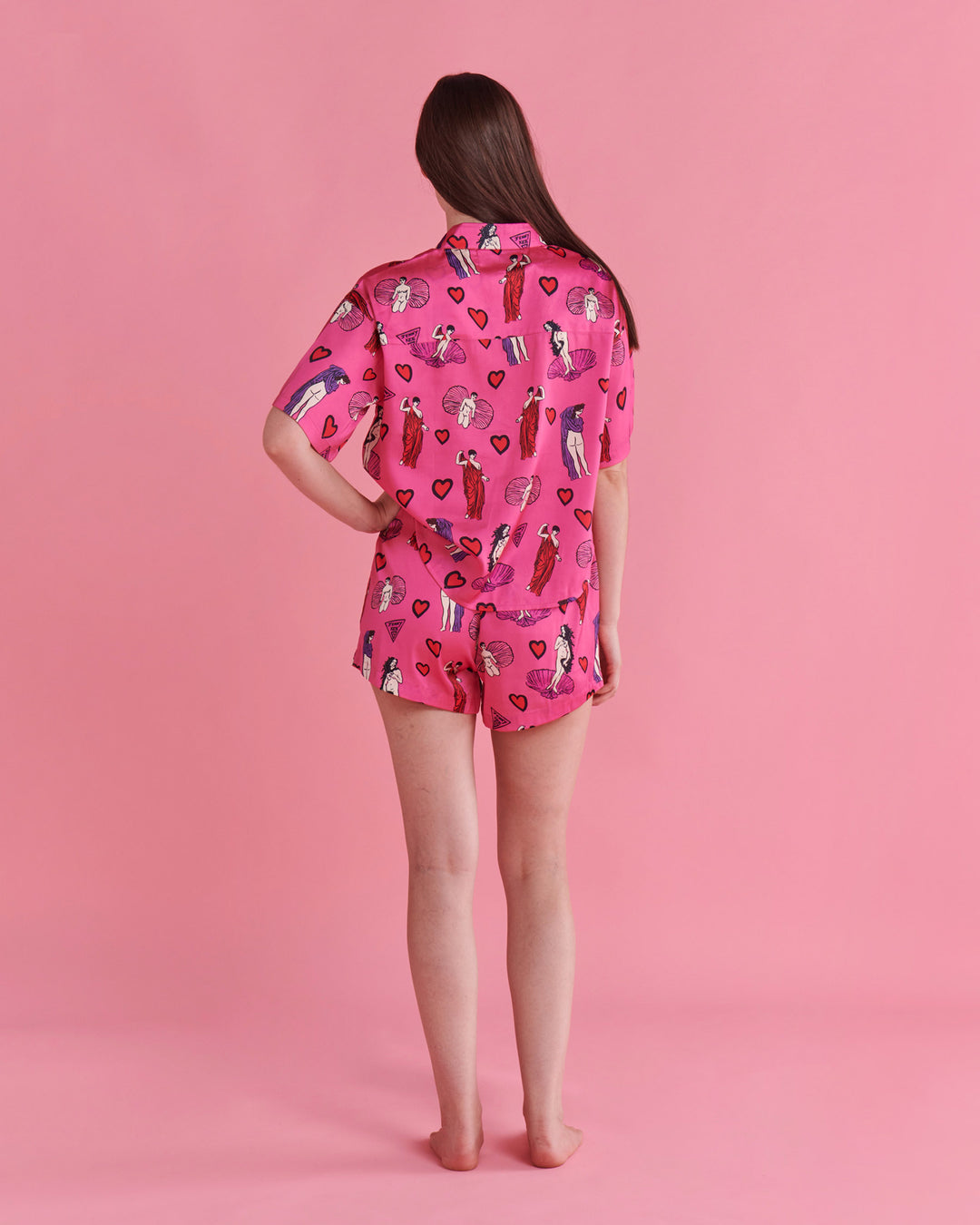 Kip & Co x Jenny Kee Pretty In Pink Satin Short Sleeve Shirt & Short Pyjama Set