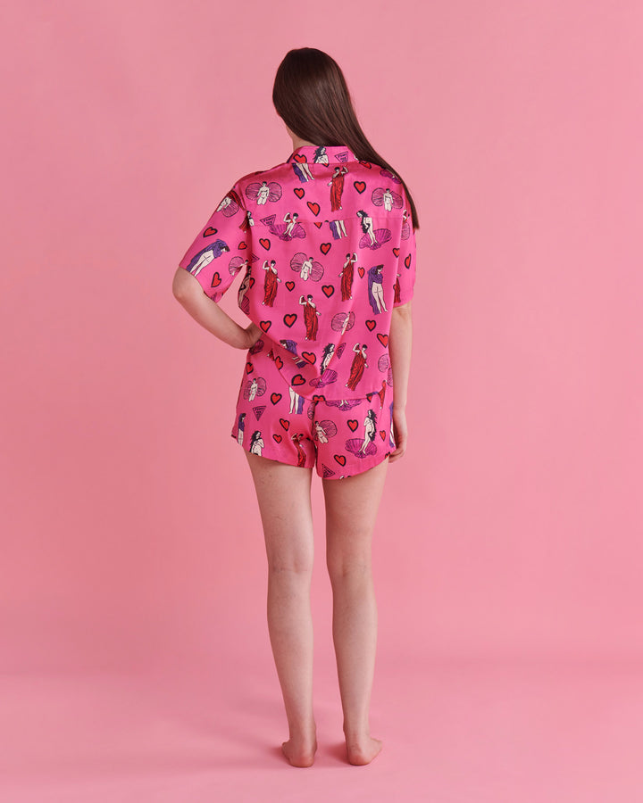 Kip & Co x Jenny Kee Pretty In Pink Satin Short Sleeve Shirt & Short Pyjama Set