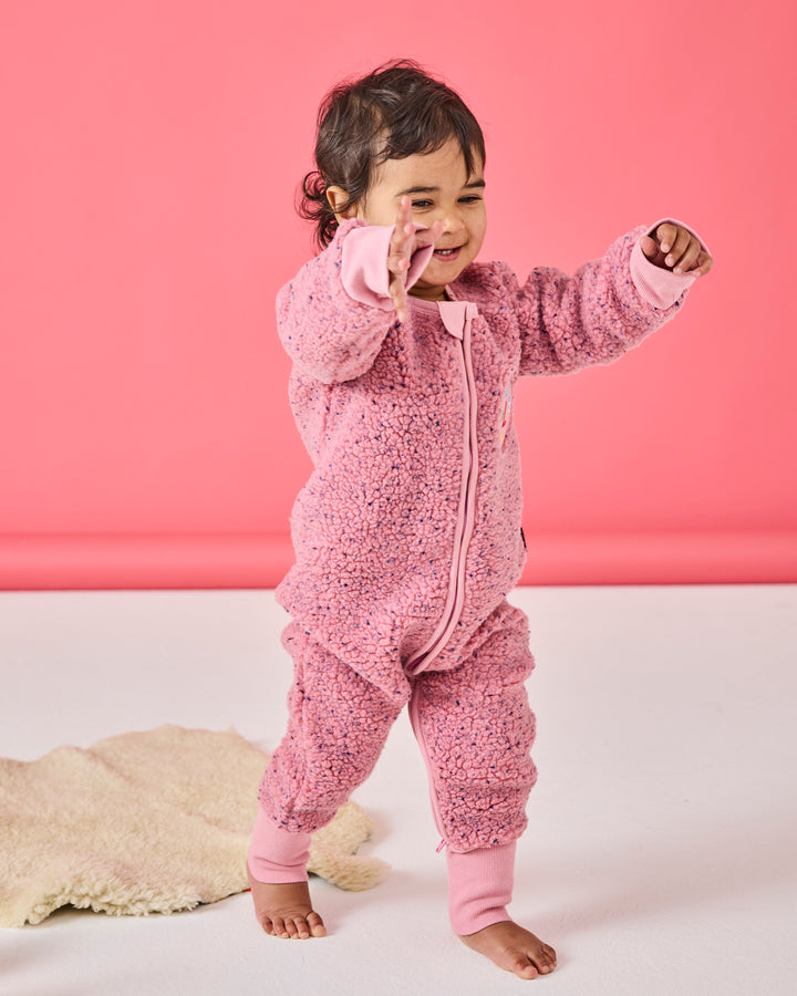 Kip & Co Pink Sprinkle Sherpa Long Sleeve Zip Romper