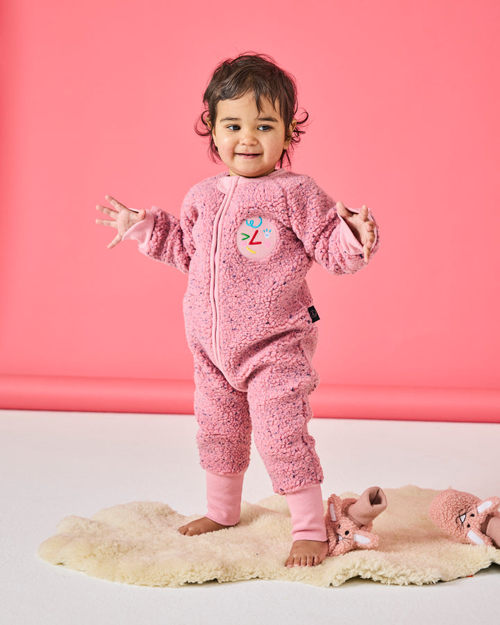 Kip & Co Pink Sprinkle Sherpa Long Sleeve Zip Romper