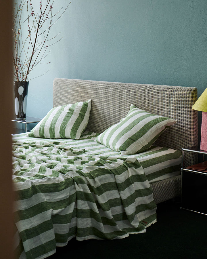 Kip & Co Moss Stripe Linen Fitted Sheet