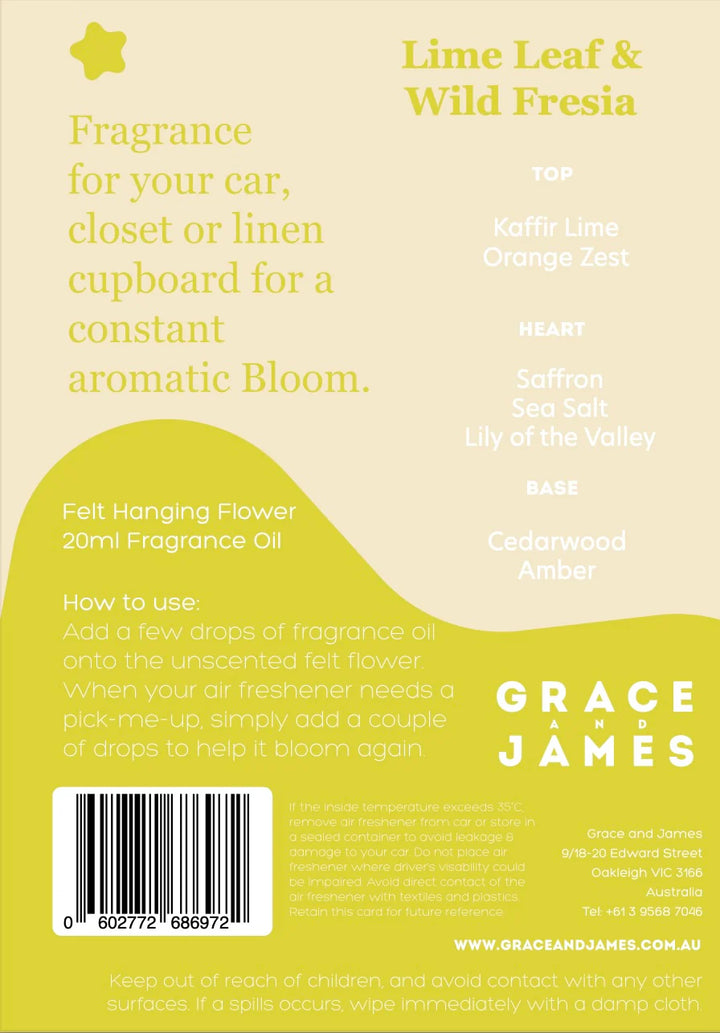 Grace and James Lime Leaf & Wild Fresia Felt Air Freshener