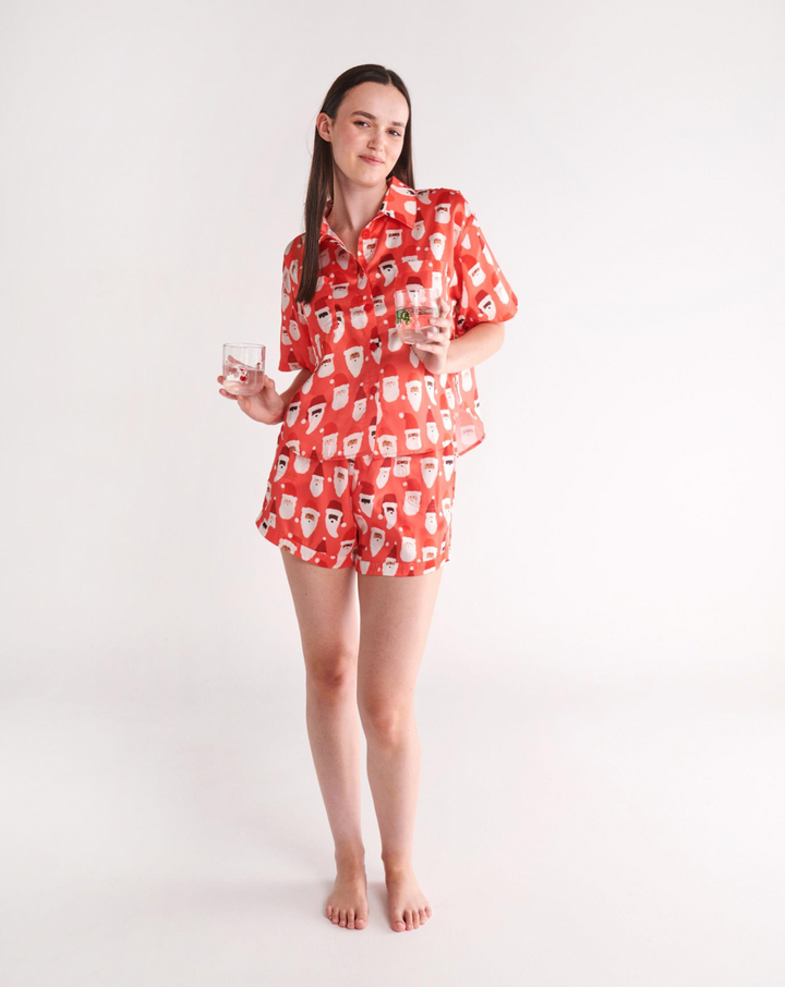 Kip & Co HoHoHo Red Satin Short Sleeve Shirt & Short Pyjama Set