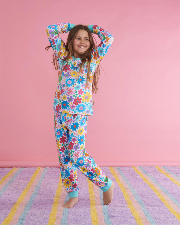 Kip & Co Rainbow Flowers Organic Cotton Long Sleeve Top & Pant Pyjama Set