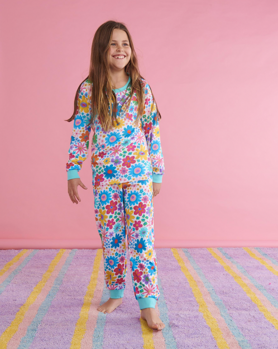 Kip & Co Rainbow Flowers Organic Cotton Long Sleeve Top & Pant Pyjama Set