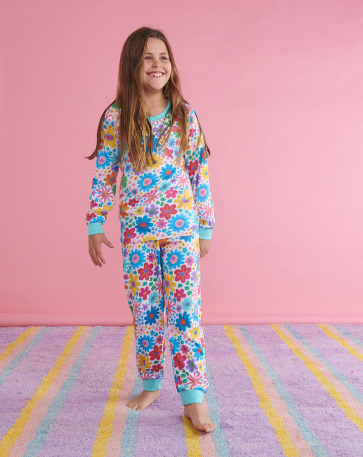 Kip & Co Rainbow Flowers Organic Cotton Long Sleeve Top & Pant Pyjama Set