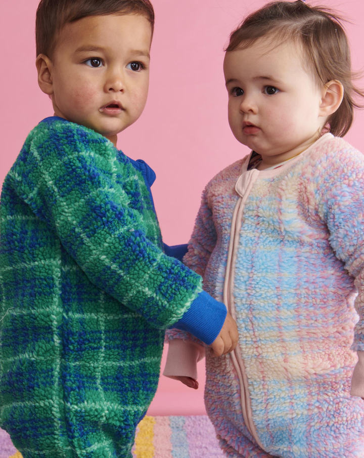Kip & Co Pastel Dreams Tartan Sherpa Long Sleeve Zip Romper