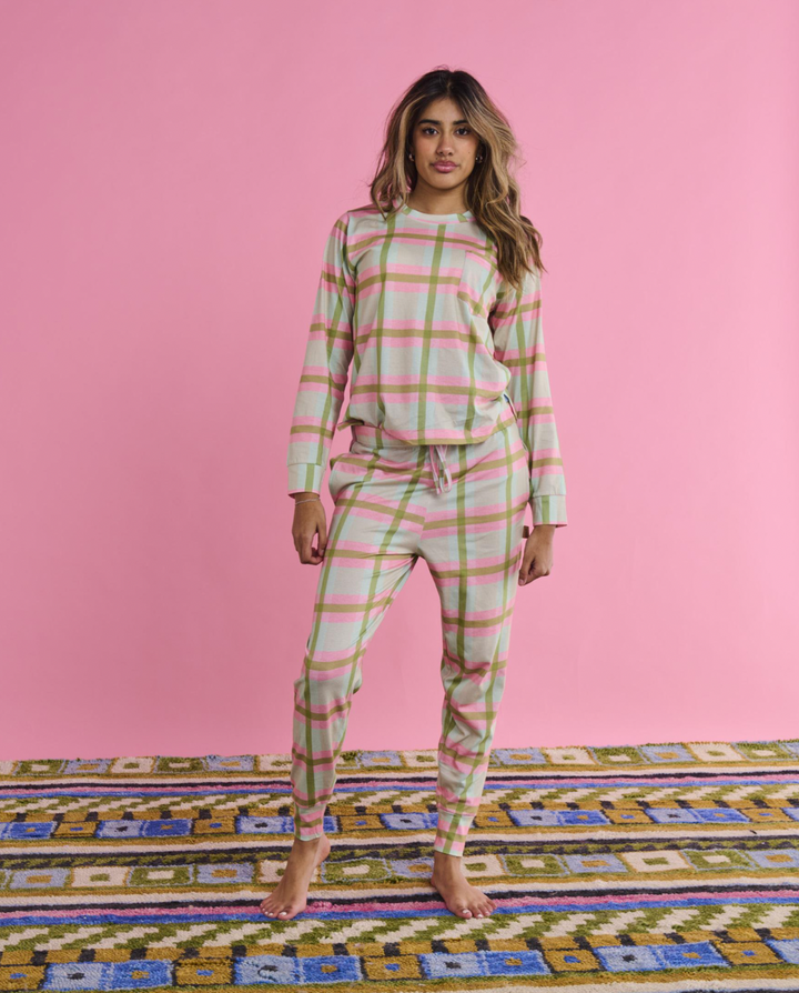 Kip & Co Pistachio Tartan Organic Cotton Long Sleeve Pyjama Top & Slouch Pant Set