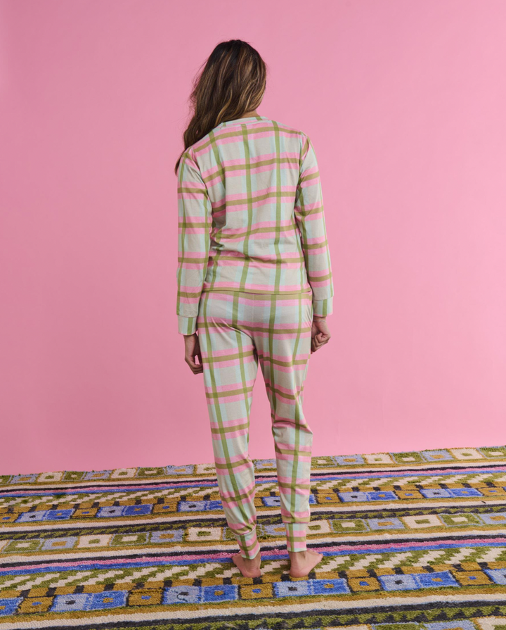 Kip & Co Pistachio Tartan Organic Cotton Long Sleeve Pyjama Top & Slouch Pant Set