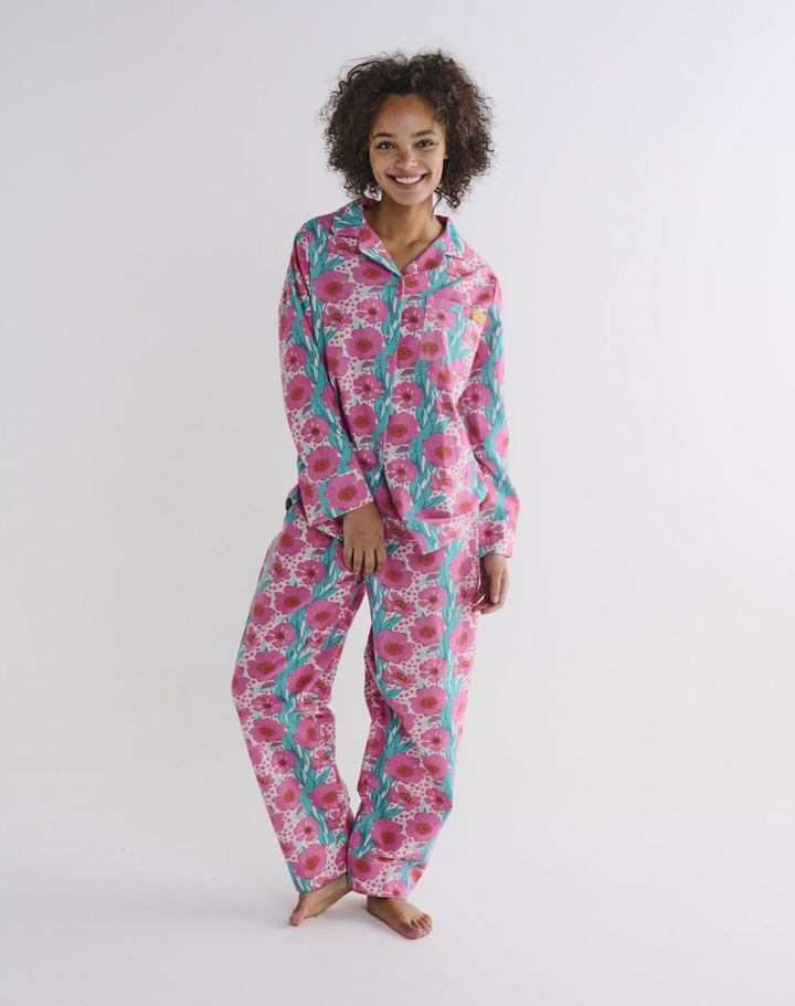 Kip & Co Tumbling Flowers Pink Adult Flannelette Long Sleeve Shirt & Pant Pyjama Set
