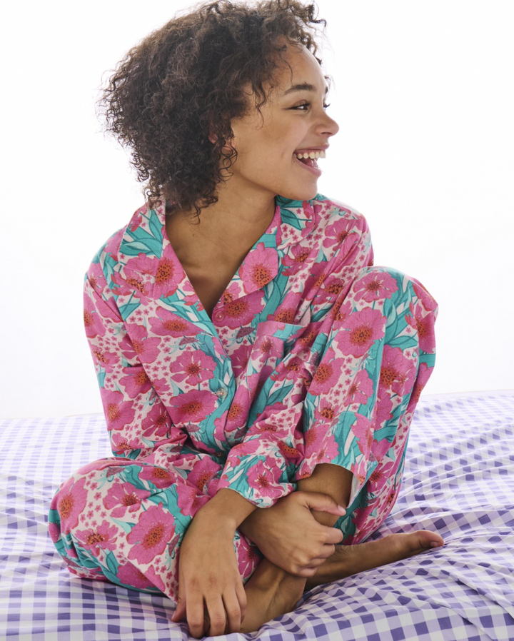 Kip & Co Tumbling Flowers Pink Adult Flannelette Long Sleeve Shirt & Pant Pyjama Set