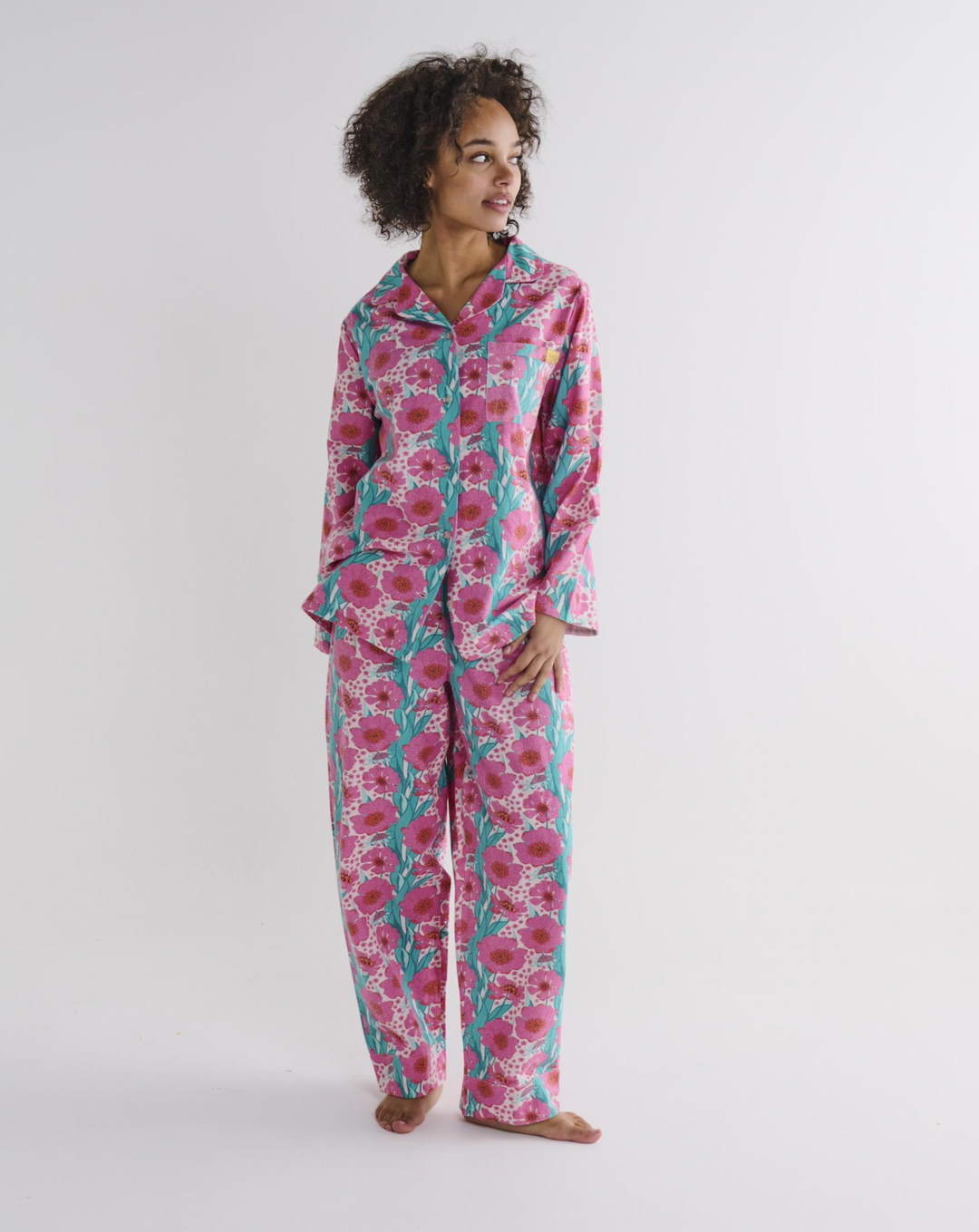 Kip & Co Tumbling Flowers Pink Adult Flannelette Long Sleeve Shirt & Pant Pyjama Set