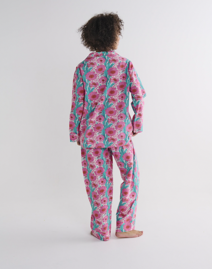 Kip & Co Tumbling Flowers Pink Adult Flannelette Long Sleeve Shirt & Pant Pyjama Set