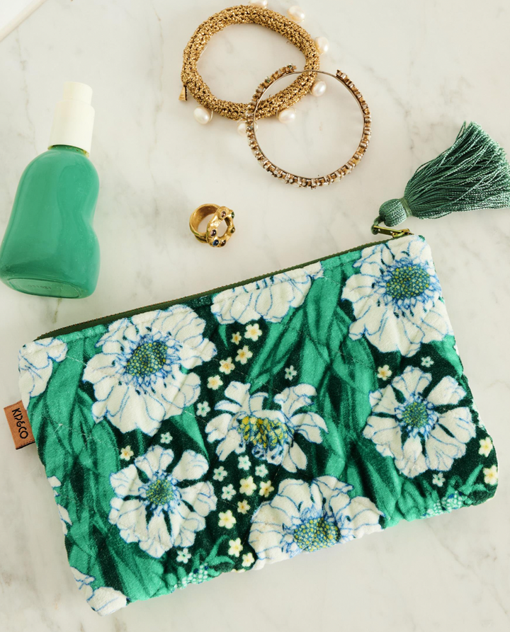 Kip & Co Tumbling Flowers Green Velvet Cosmetics Purse