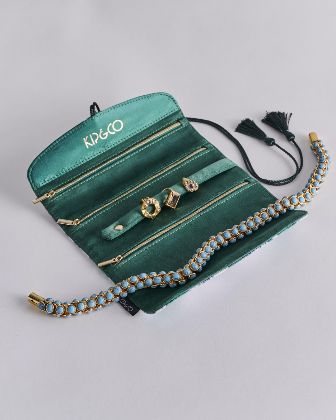 Kip & Co Tumbling Flowers Green Velvet Jewellery Roll