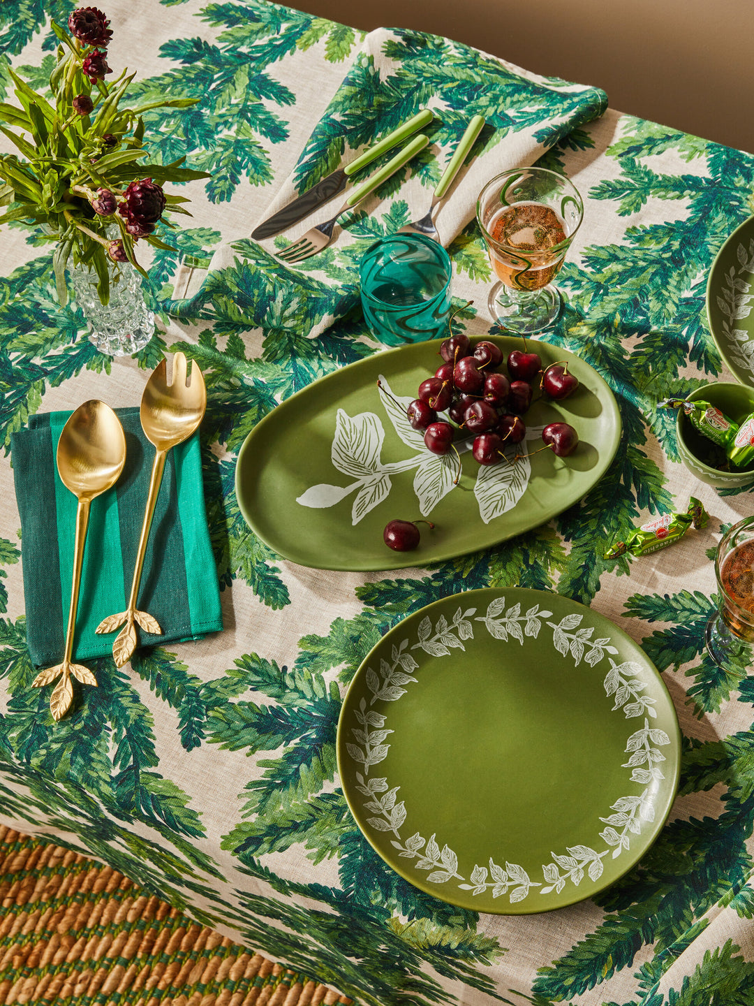 Bonnie & Neil Festive Foliage Green Linen Tablecloth