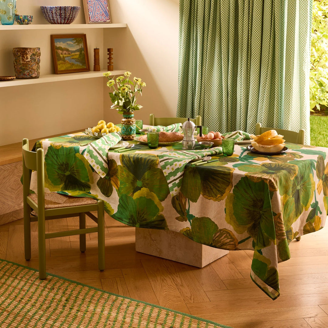 Bonnie & Neil Wild Pansy Verde Linen Tablecloth