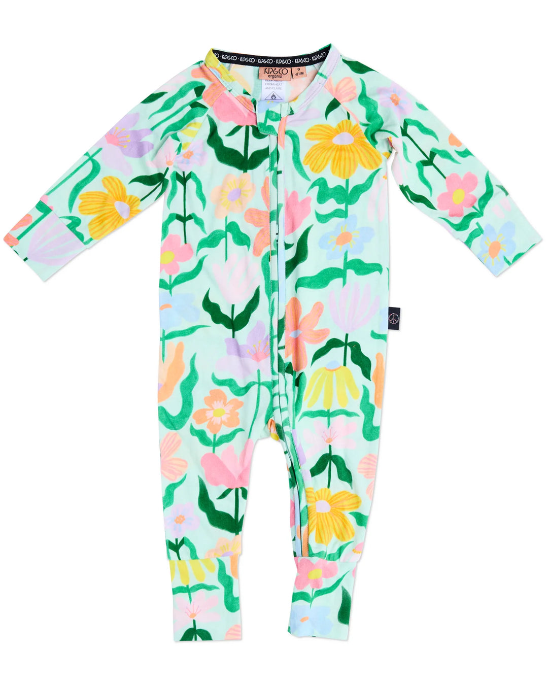 Kip & Co Popping Flowers Green Organic Long Sleeve Zip Romper