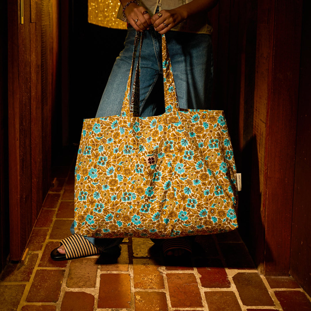 Sage x Clare Magnolia Reversible Cotton Tote Bag - Turquoise