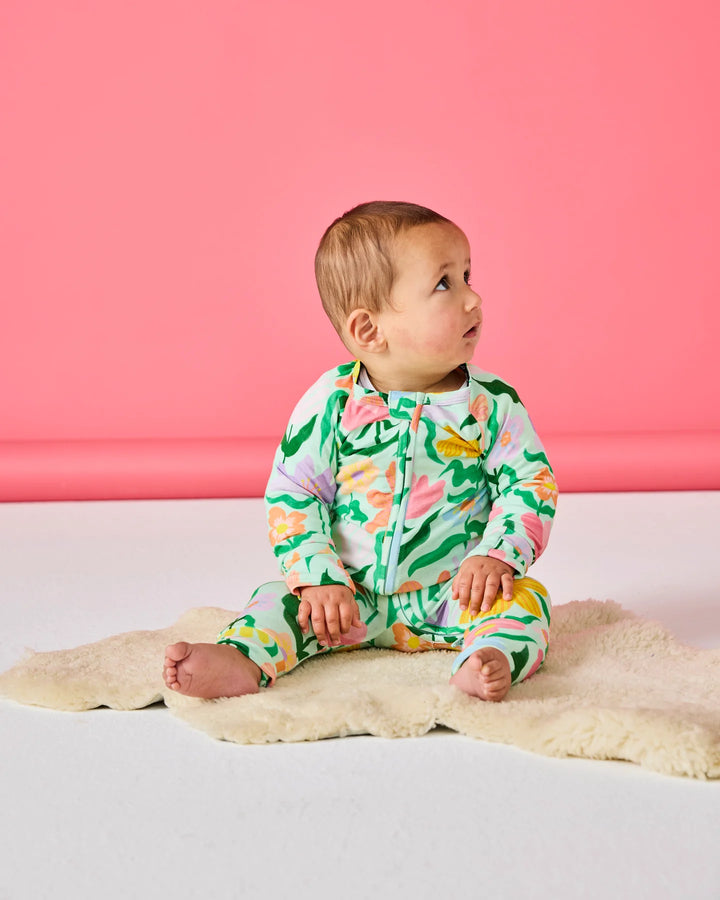 Kip & Co Popping Flowers Green Organic Long Sleeve Zip Romper